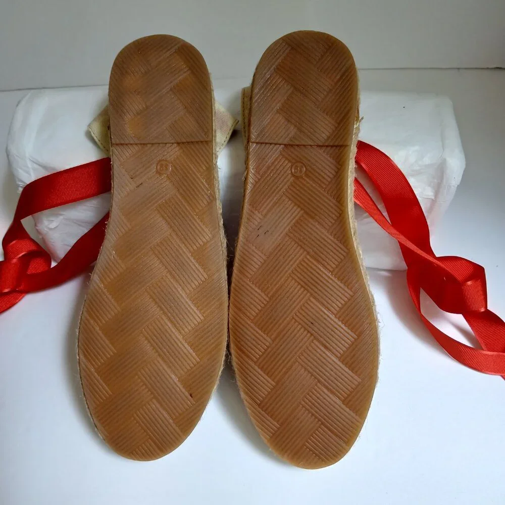 Flat Jute Espadrilles Red Blossom Branches on Beige & Long Red Ribbon NWOT Sz 8